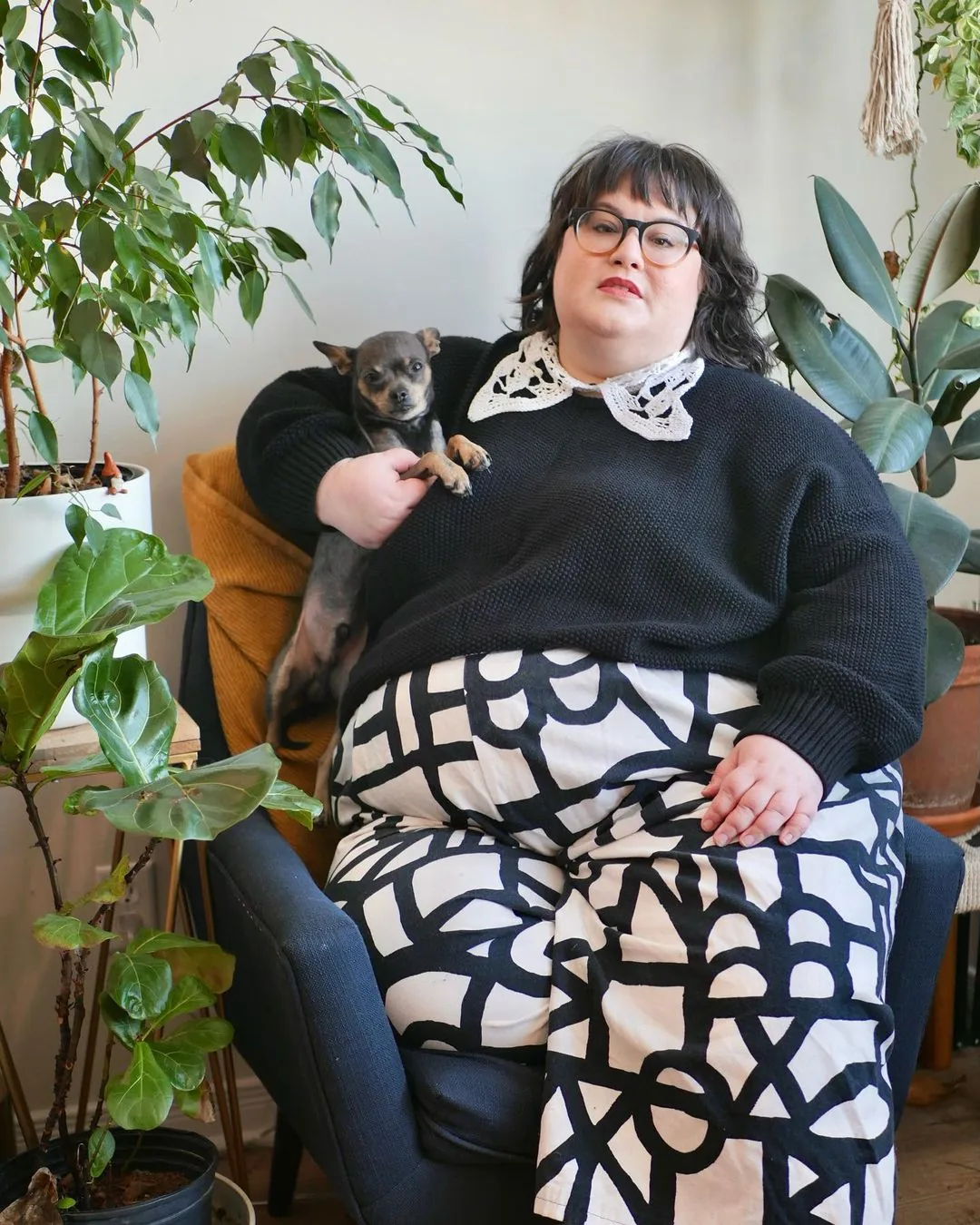 Val's #StyledSeated outfit with her me-made pieces: "pants are me made and drafted from Muna and Broad, collar self drafted based on Netflix's Wednesday "